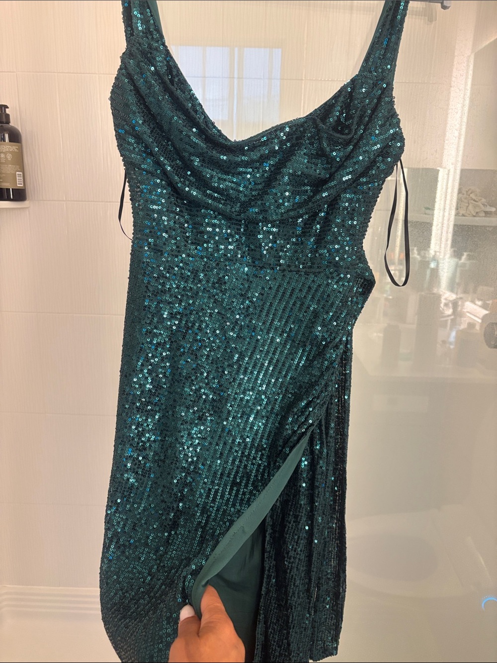 Teal Sequin Cowl Neck Prom Dress with Side Slit